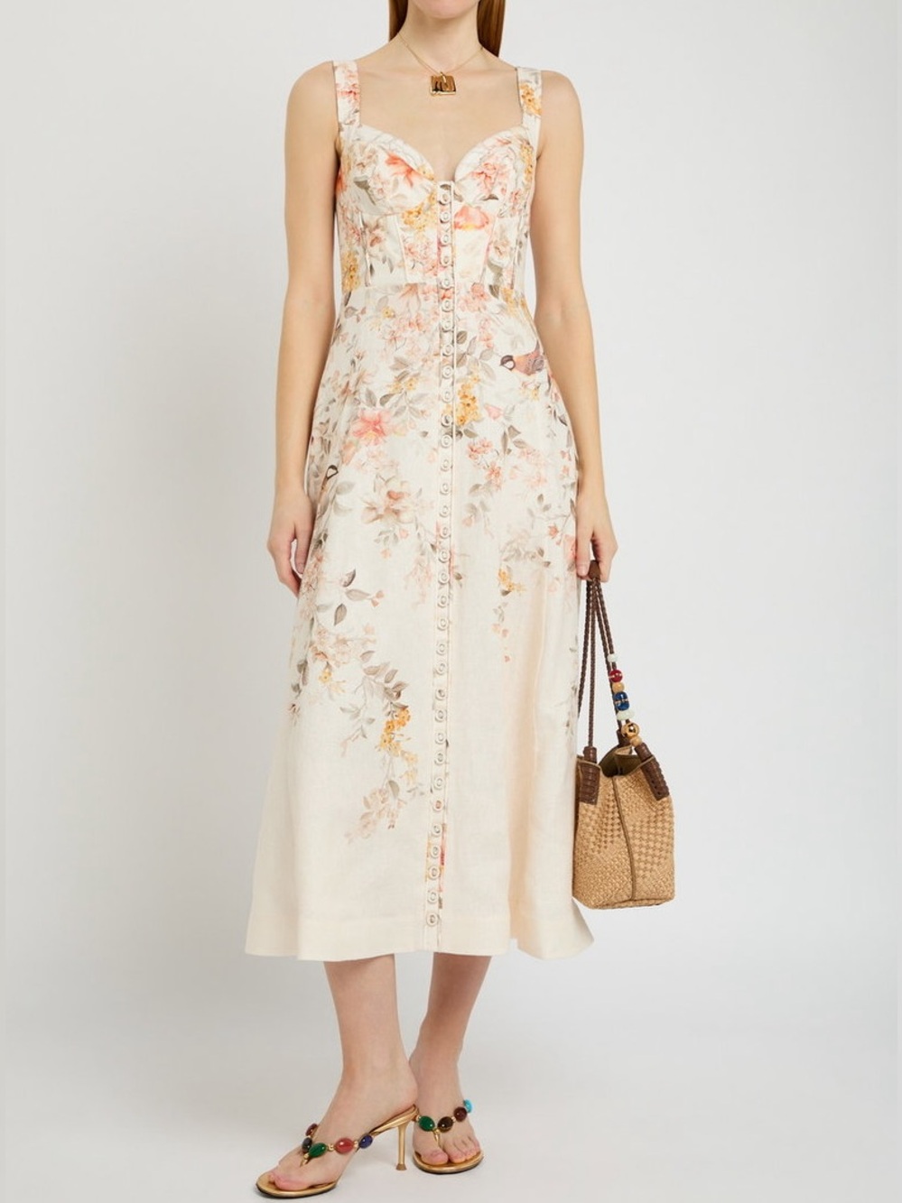 Zimmerman Luna Floral-Print Linen Midi Dress Size 0